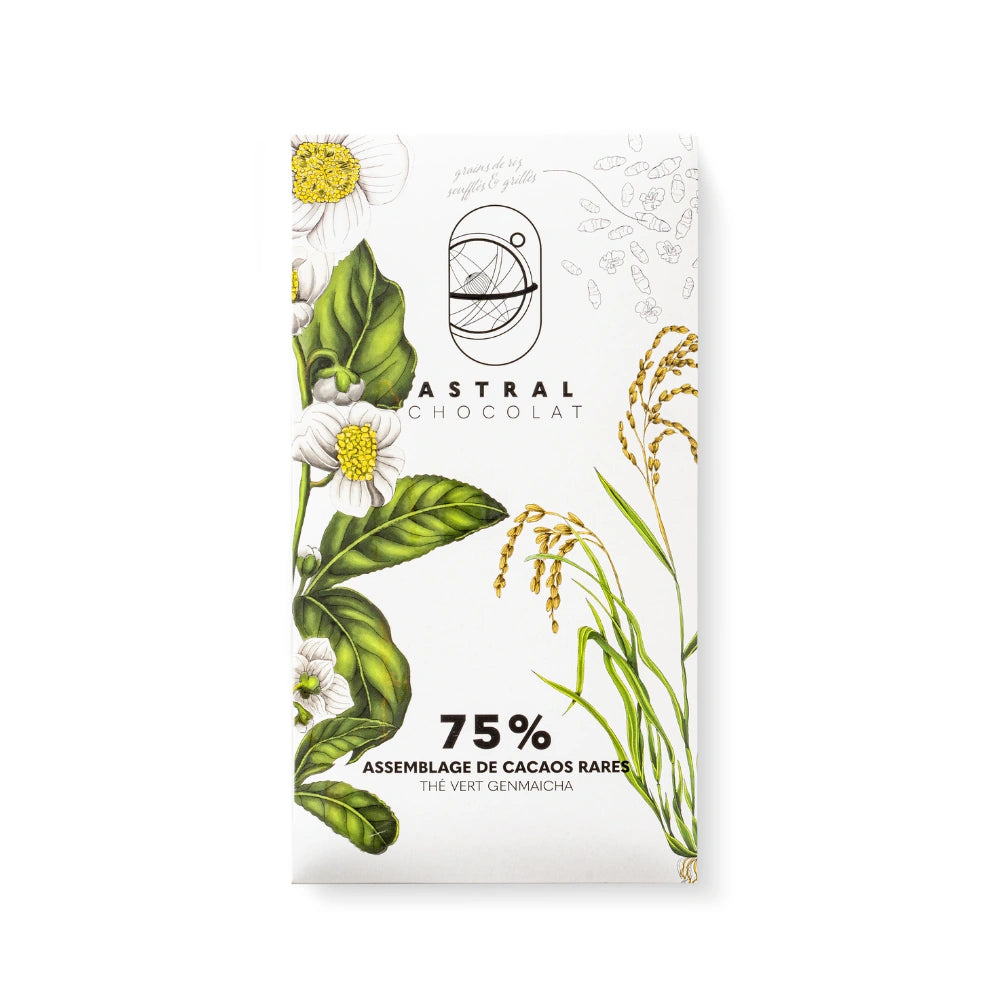 chocolat au thé, thé genmaicha, thé asie, chocolat 75% thé vert genmaicha