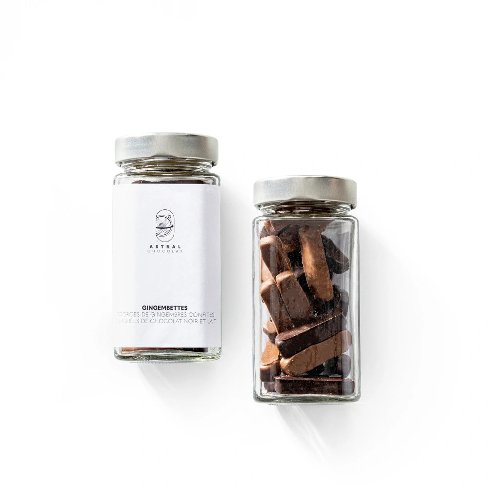 Gingembettes Enrobées de chocolat noir 70%, fruits confits enrobés, astral chocolat