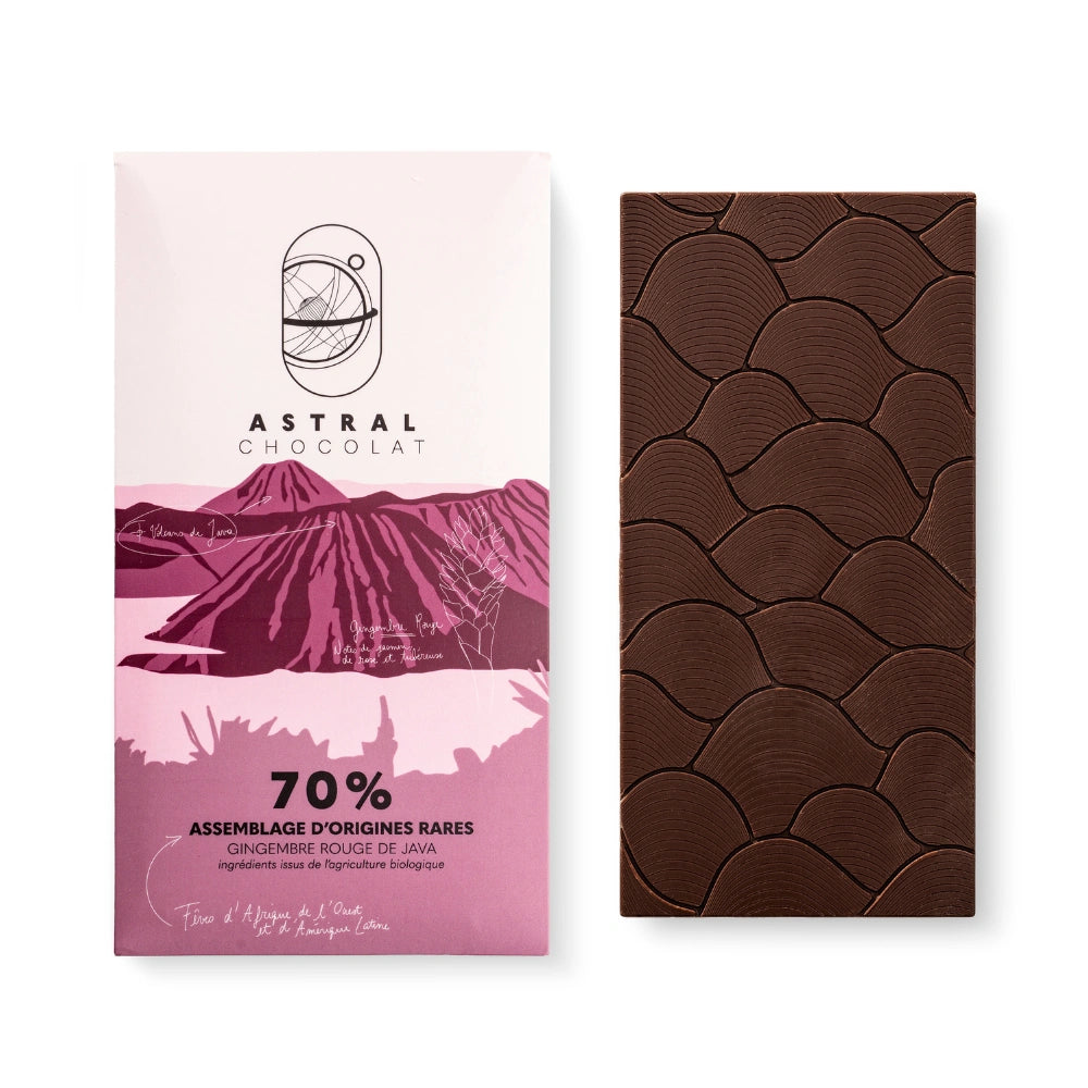 Chocolat noir 70%, gingembre rouge de java, épices, chocolat épices, chocolat aphrodisiaque, chocolat à offrir, astral chocolat