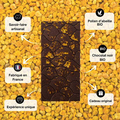 chocolat santé, chocolat noir pollen, pollen d'abeille d'abeille bio, chocolat noir miel, chocolat bio, pollen agriculture biologique, bienfaits du chocolat sur la santé